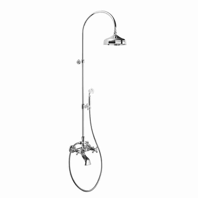 BADEGRUPPE MIT INTEGRIERTER DUSCHSÄULE, RETRO-DUSCHKOPF AUS MESSING, Ø200 mm, UMSTELLER, 1,5 M SCHLAUCH UND DUSCHKOPF AUS MESSING.