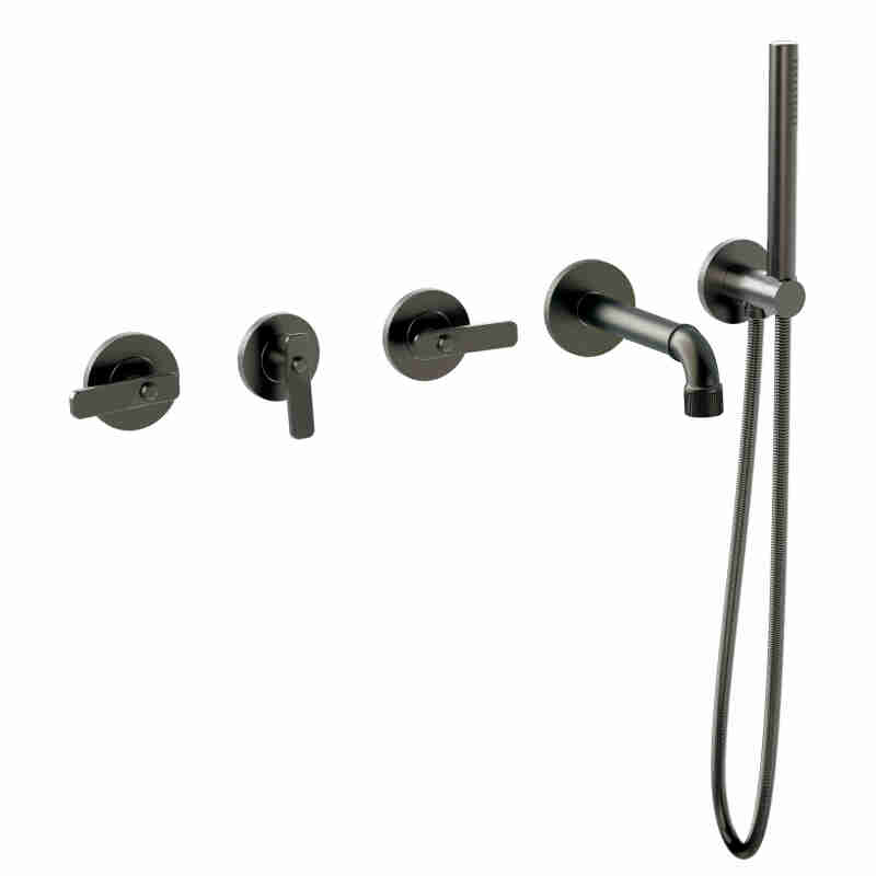 BATH KIT WITH BUILT-IN TAPS, 2-OUTLET DIVERTER, WALL-MOUNTED SPOUT, FIXED SHOWER BRACKET WITH DISPENSER, 1.5M HOSE AND SHOWER HEAD.