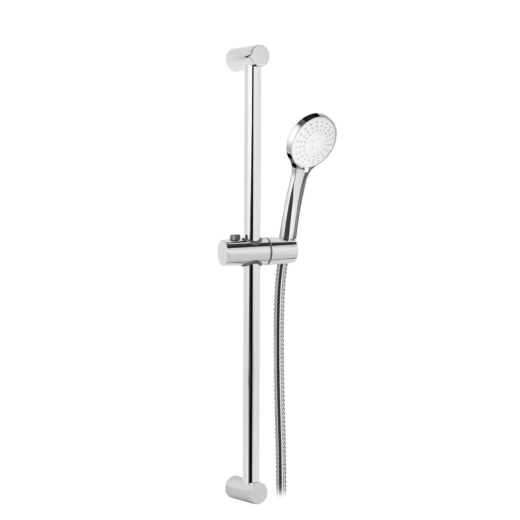 TIGE DE DOUCHE EN LAITON, Ø25mm, AVEC SUPPORT DE DOUCHE RÉGLABLE EN ABS, TUYAU DOUBLE BRIDE 1,5m ET POIGNÉE DE DOUCHE 3 JETS ABS.