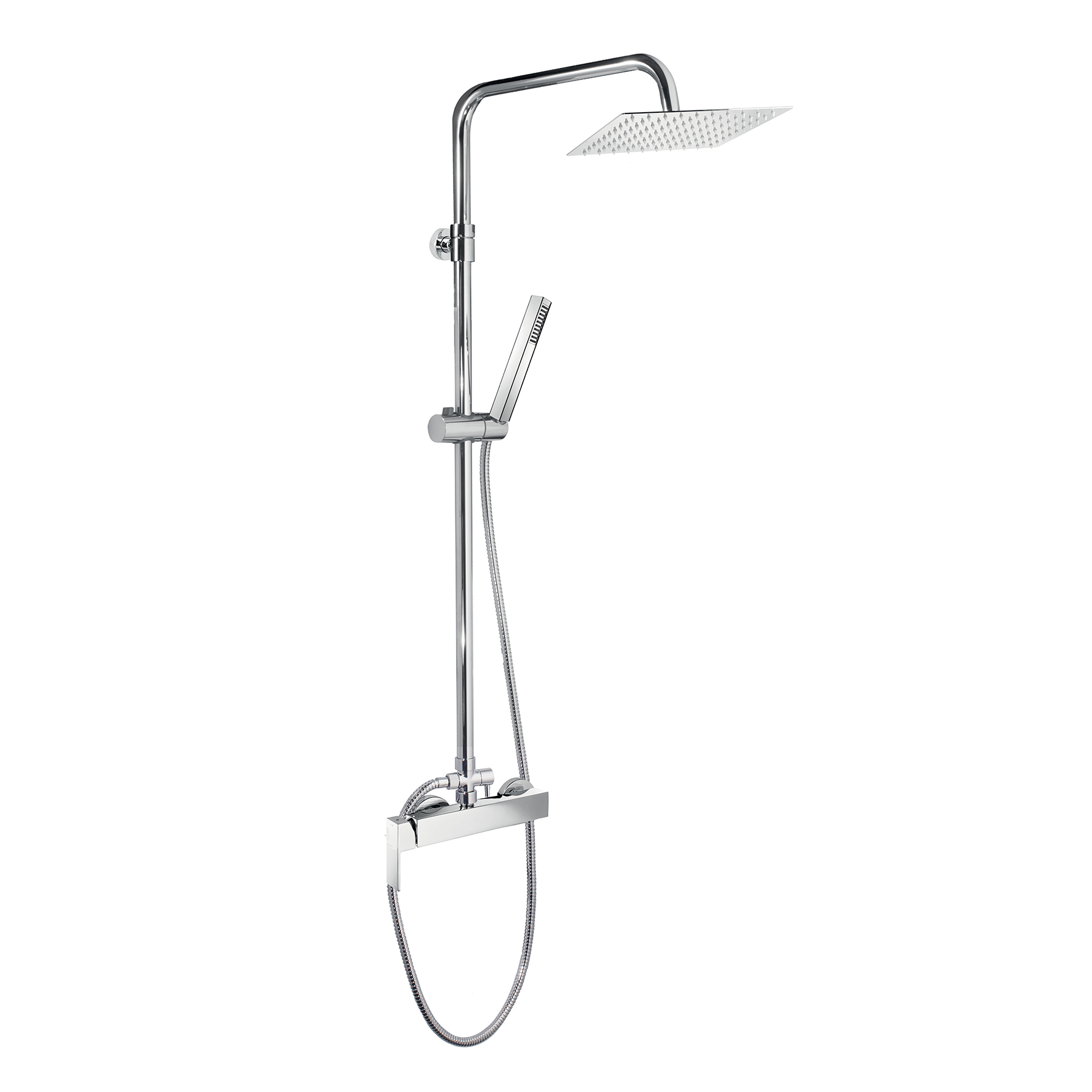 SINGLE-LEVER SHOWER MIXER WITH INTEGRATED SHOWER COLUMN, DIVERTER, 1.5M HOSE, ABS HAND SHOWER AND 250X250MM STAINLESS STEEL SHOWER HEAD.