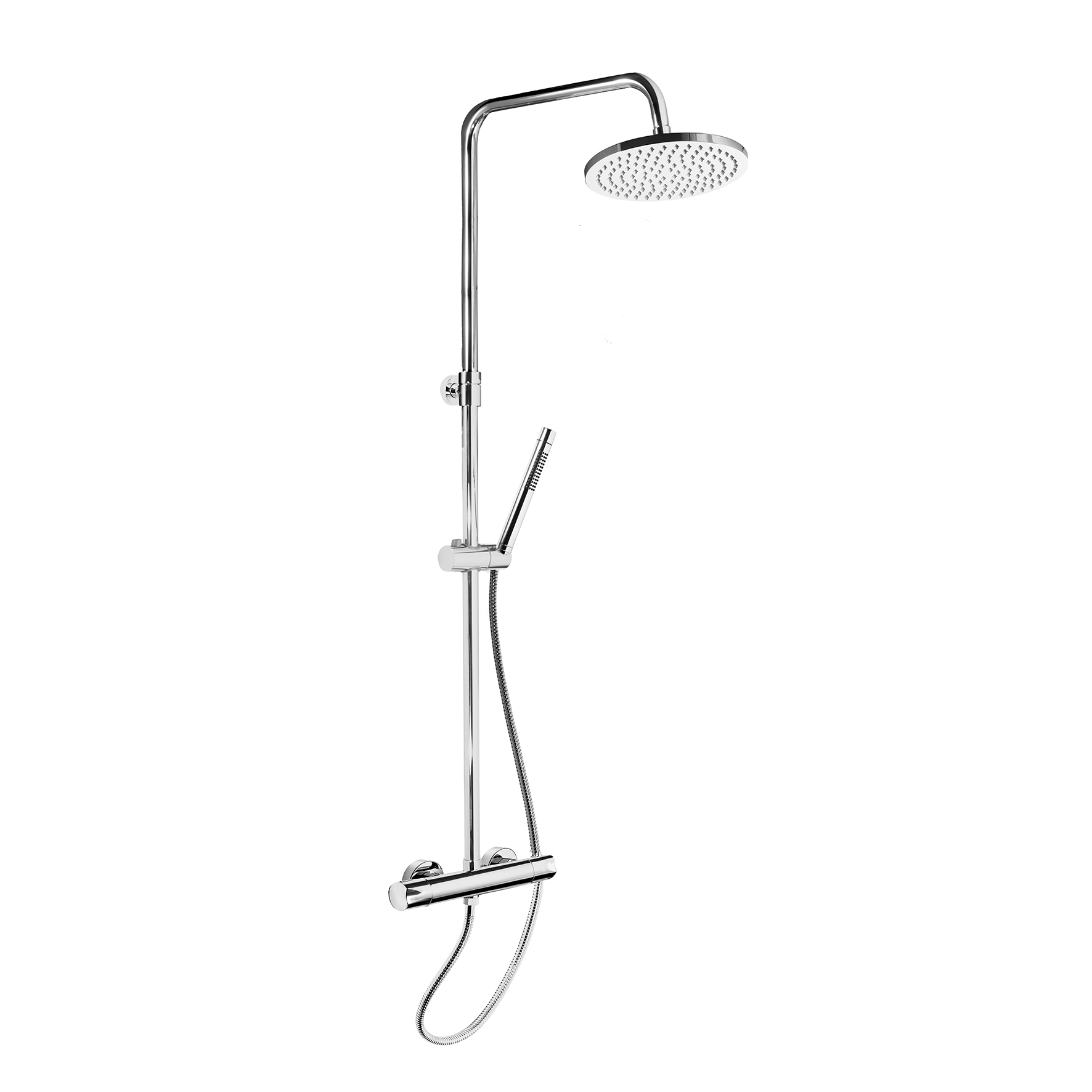 MISCELATORE PER DOCCIA CON COLONNA DOCCIA INTEGRATA, DEVIATORE, FLESSIBILE 1,5M, DOCCETTA OTTONE 2 GETTI E SOFFIONE ABS, Ø200mm.