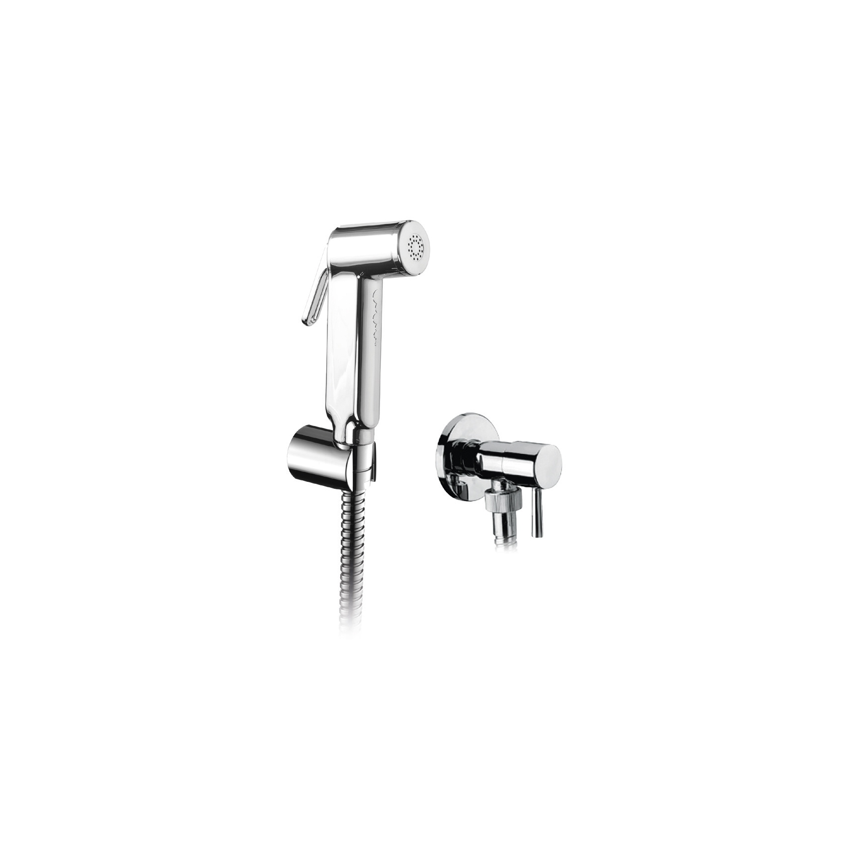 BRASS WATER INLET WITH TAP, FIXED ABS SHOWER SUPPORT, 1.5M FLEXIBLE HOSE AND ABS SHUT-OFF SHOWER HEAD.