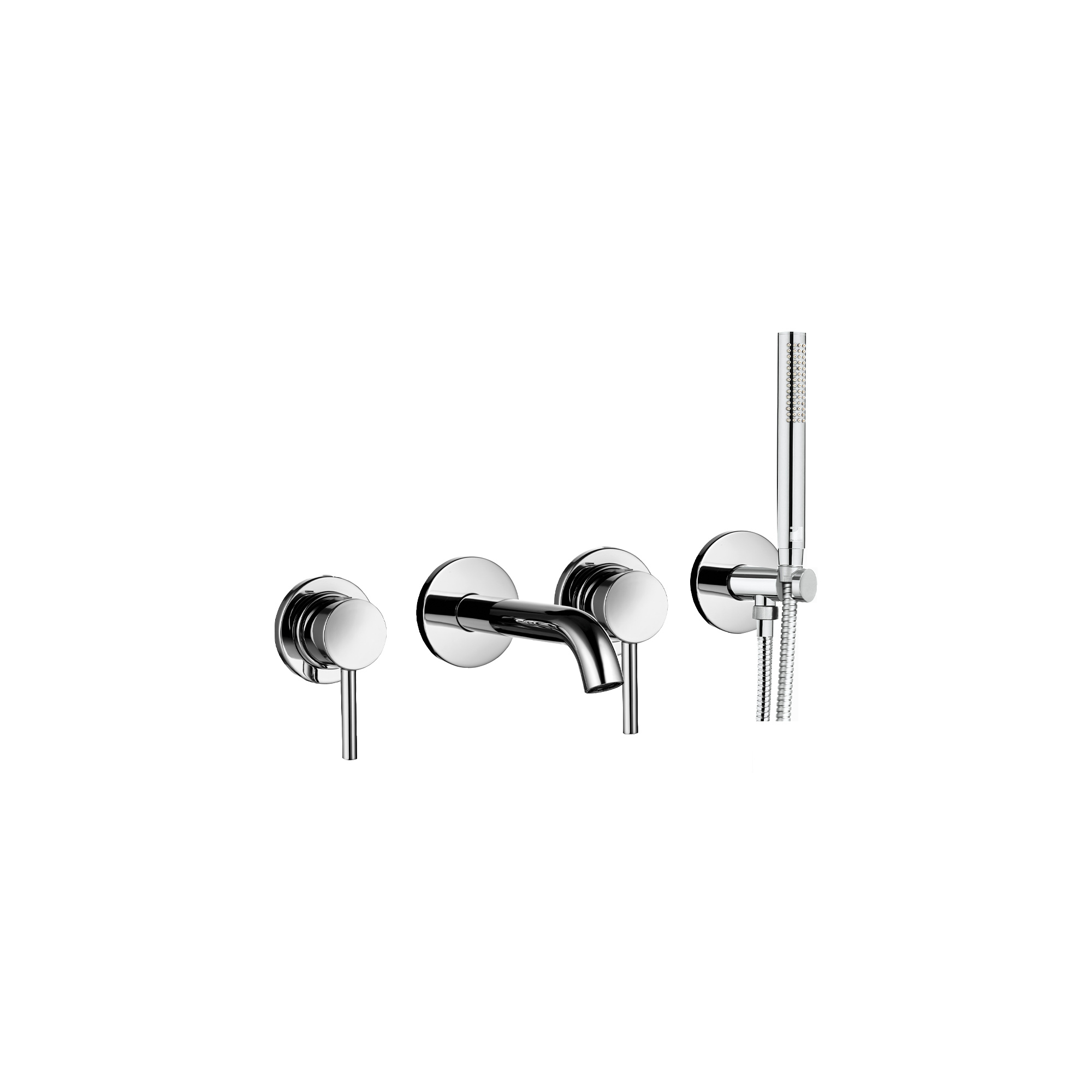 NUR AUSSENTEILE 2 EINGEBAUTE BADEMISCHER MIT FESTEM BRAUSEHALTER AUS MESSING MIT AUSGANG, 1,5 M SCHLAUCH UND HANDBRAUSE.