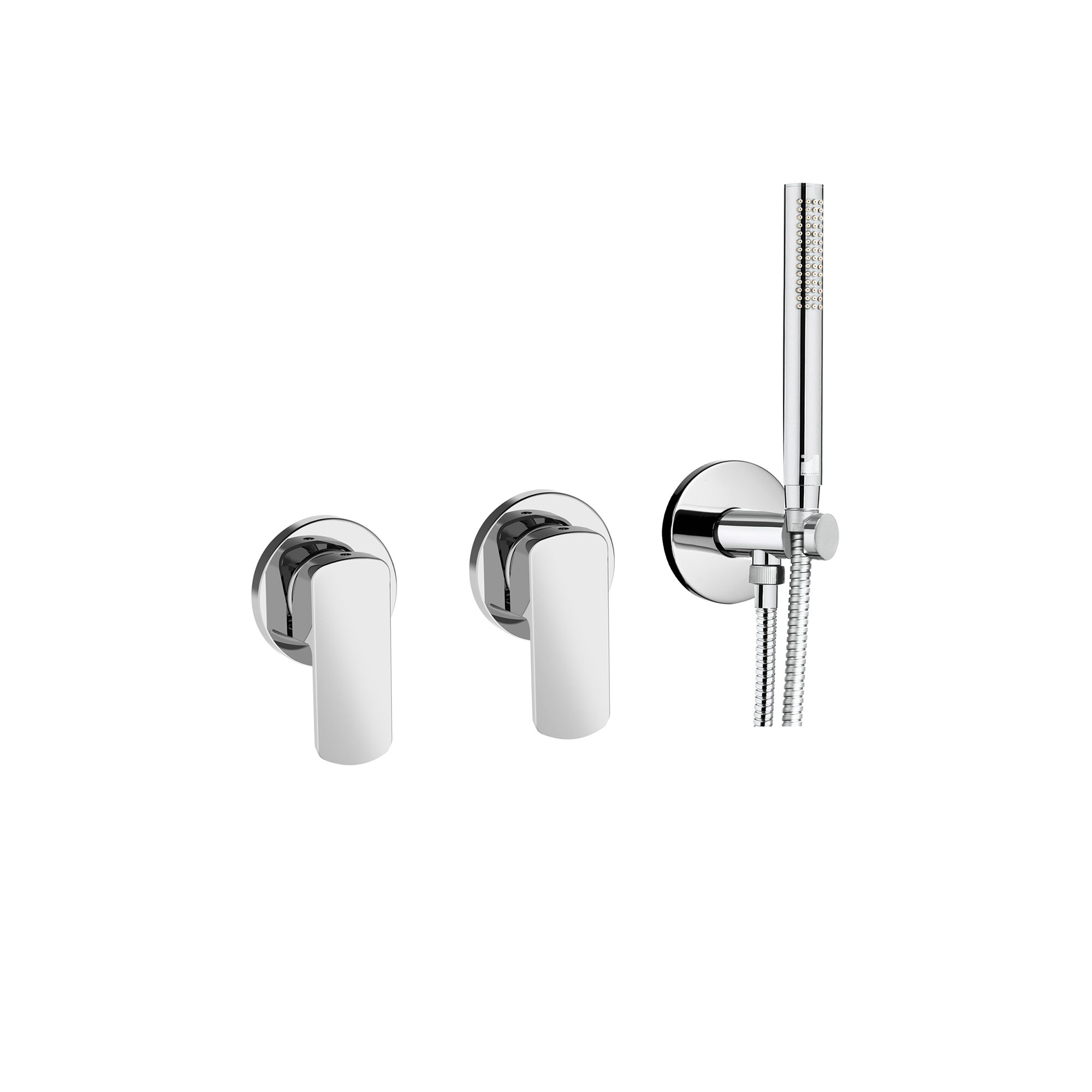 2 EINGEBAUTE DUSCHMISCHER MIT FESTEM BRAUSEHALTER AUS MESSING MIT AUSGANG, 1,5 M SCHLAUCH UND ABS-DUSCHHAND.