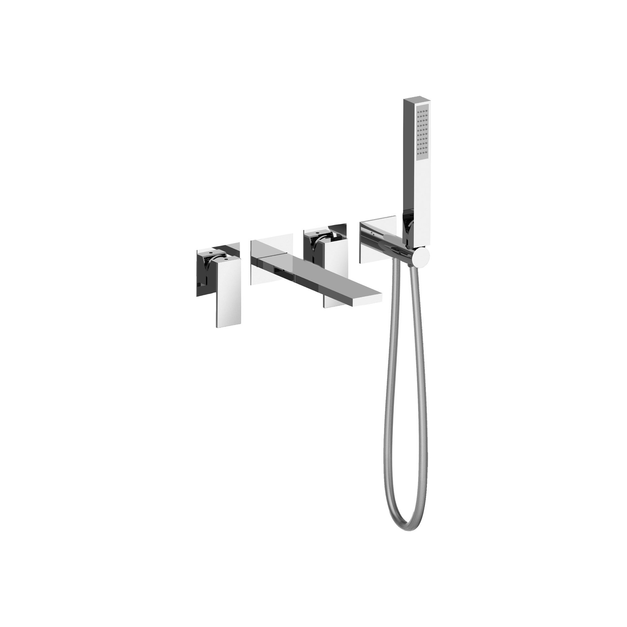 EXTERNAL PARTS ONLY 2 BUILT-IN BATH MIXERS WITH FIXED BRASS SHOWER SUPPORT WITH DISPENSER, 1.5M FLEXIBLE HOSE AND SHOWER HEAD.