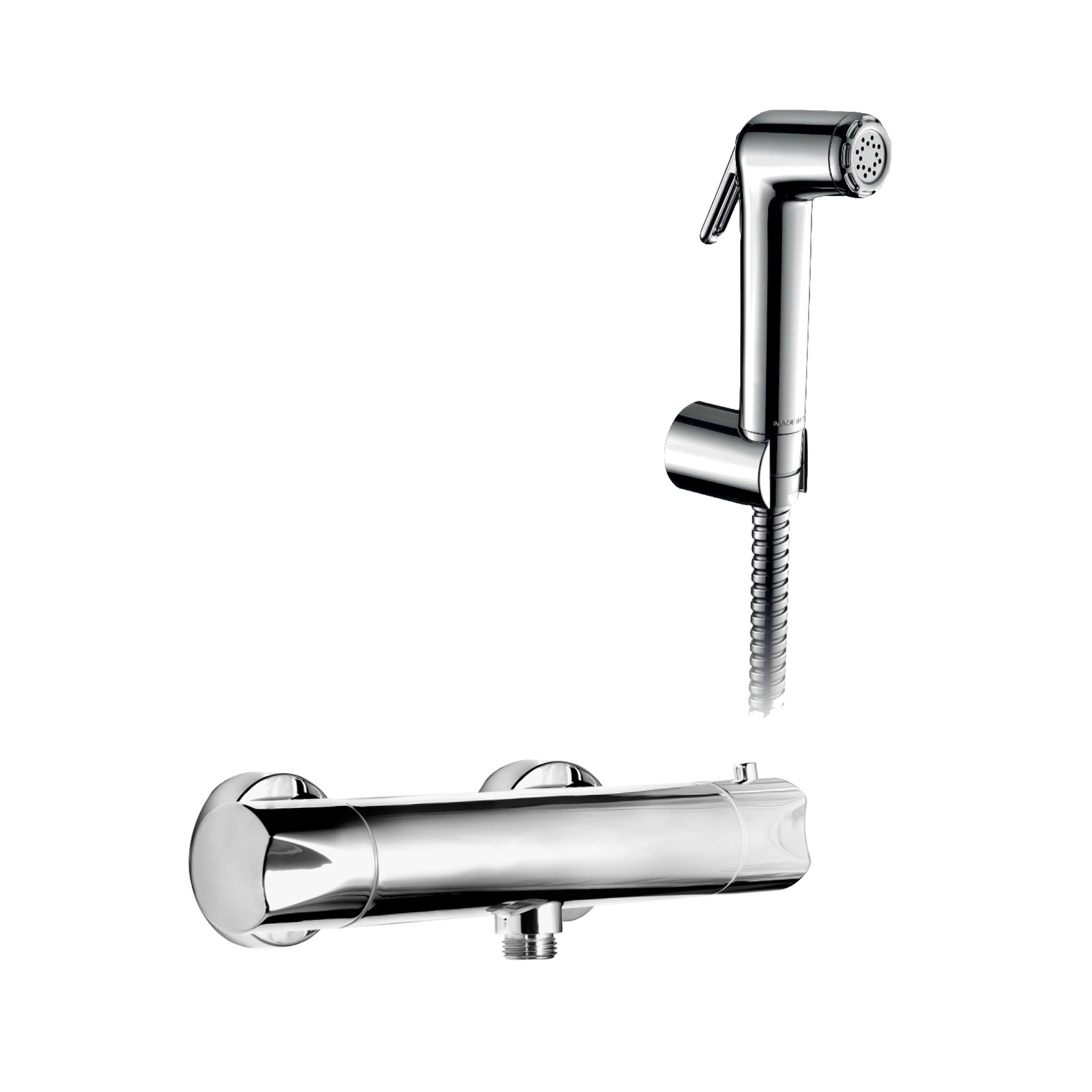 THERMOSTATISCHER BRAUSEMISCHER MIT FESTEM, FLEXIBLEM HALTER UND HANDBRAUSE.