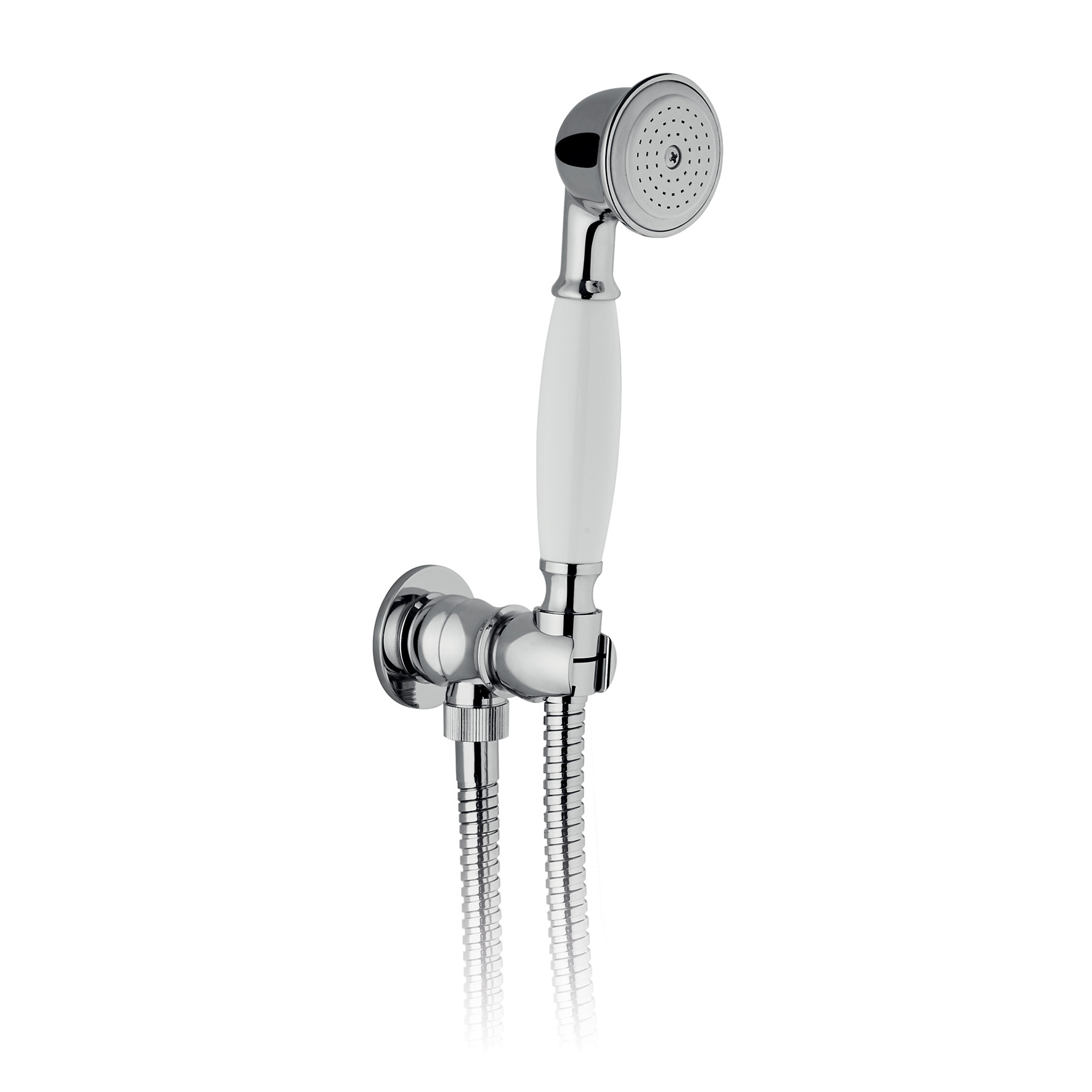 SOPORTE DE DUCHA FIJO DE LATÓN CON SALIDA, MANGUERA FLEXIBLE DE 1,5M Y MANO DE DUCHA DE LATÓN Ø 55MM.