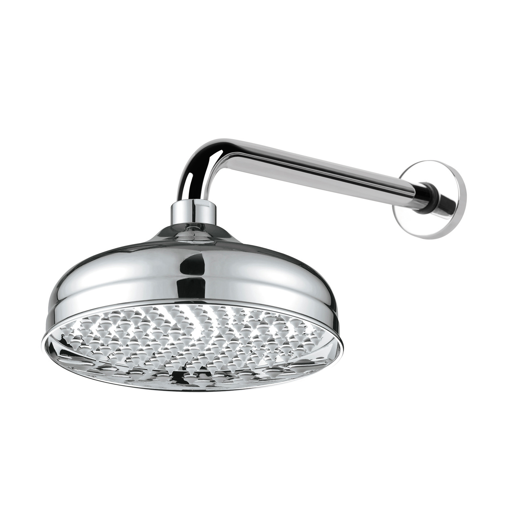 SOFFIONE DOCCIA TONDO IN OTTONE, Ø 210MM, BRACCIO ORIZZONTALE IN OTTONE.