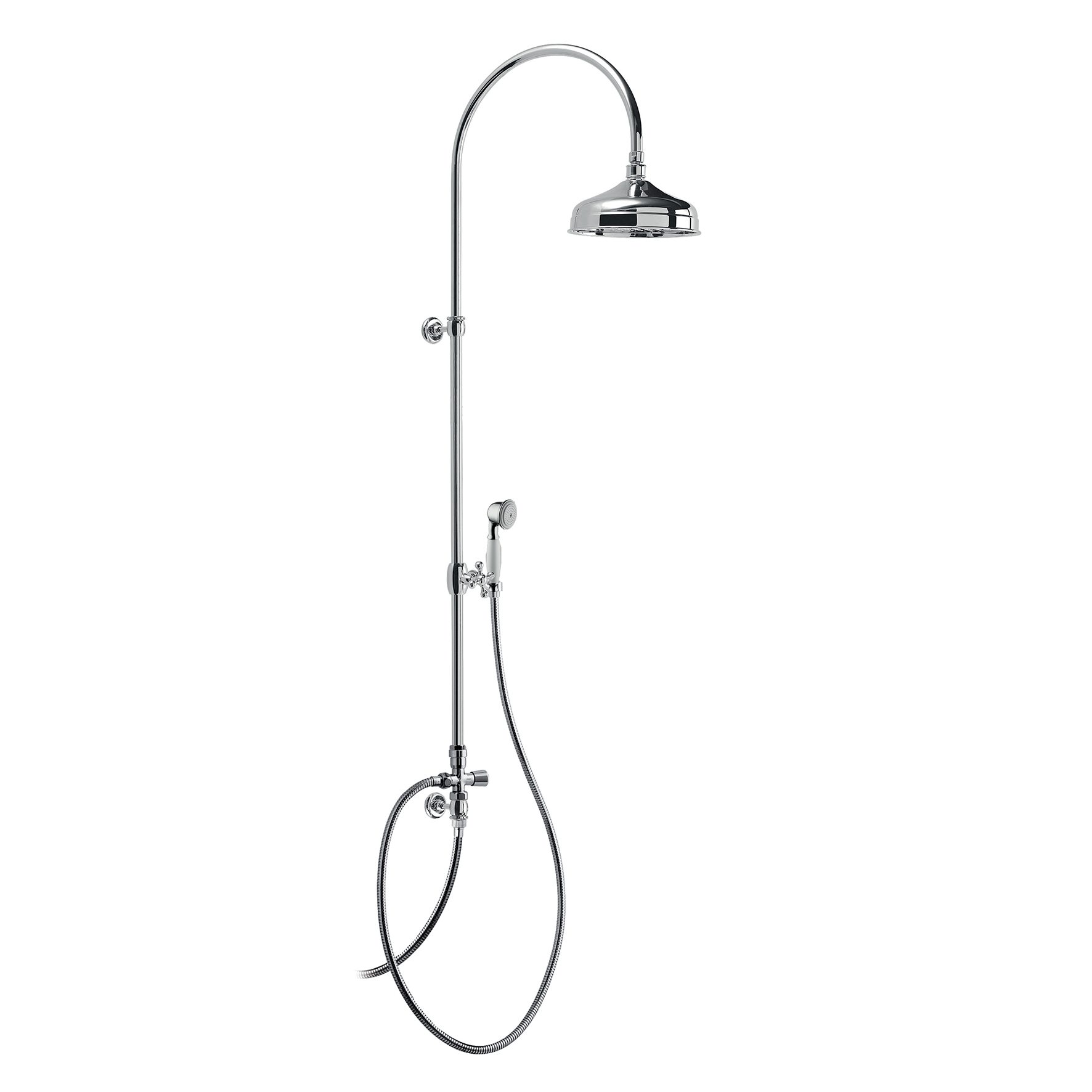 2-SUPPORT SHOWER COLUMN WITH BRASS SHOWER HEAD, Ø200mm, DIVERTER, 1.5M FLEXIBLE HOSE AND BRASS SHOWER HEAD.