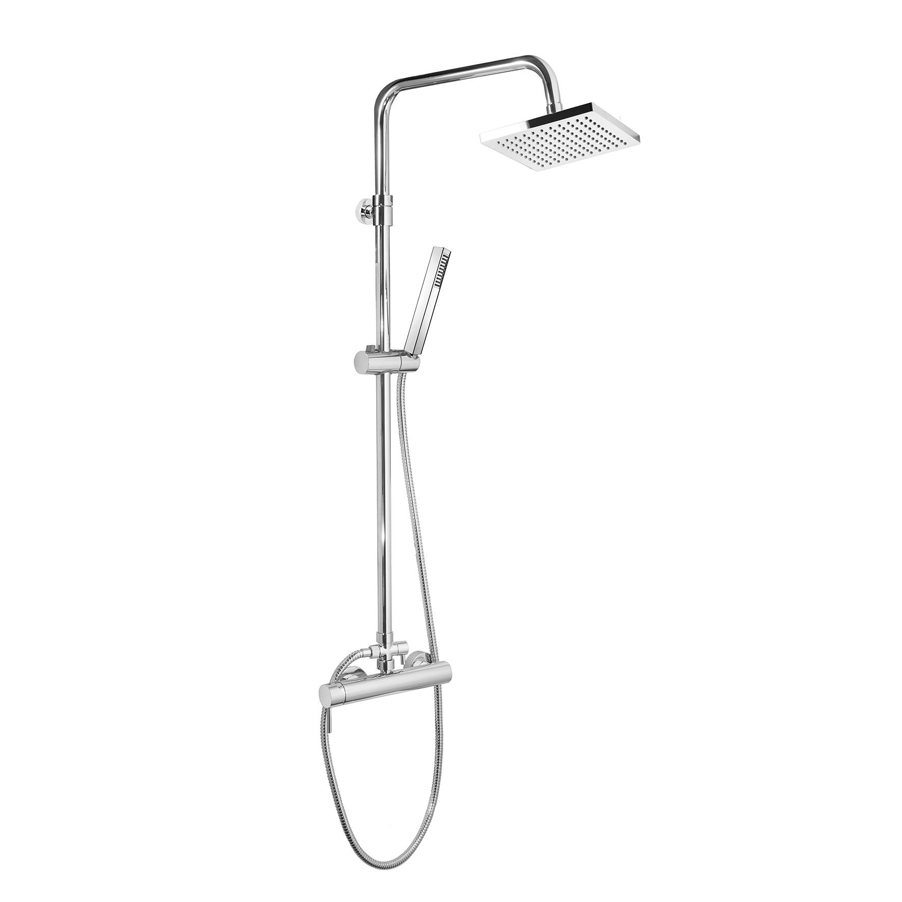 SINGLE-LEVER SHOWER MIXER WITH INTEGRATED SHOWER COLUMN, DIVERTER, 1.5M HOSE, ABS HAND SHOWER AND 200x200mm ABS SHOWER HEAD.