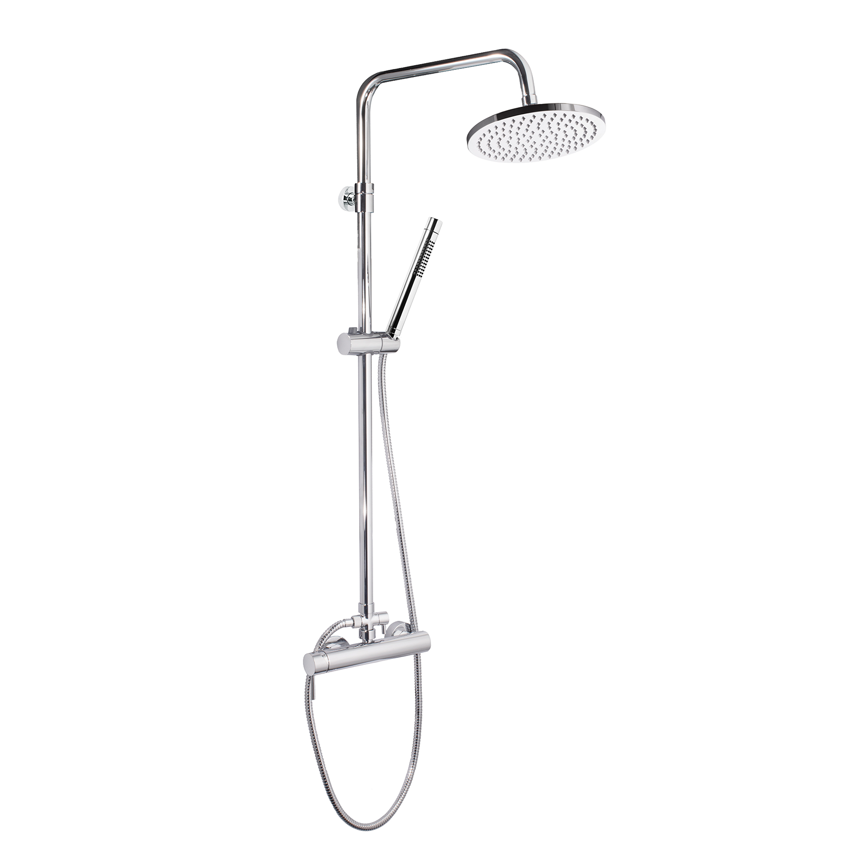 SHOWER MIXER WITH INTEGRATED SHOWER COLUMN, DIVERTER, 1.5M HOSE, 2-JET BRASS SHOWER HEAD AND ABS SHOWER HEAD, Ø200mm.