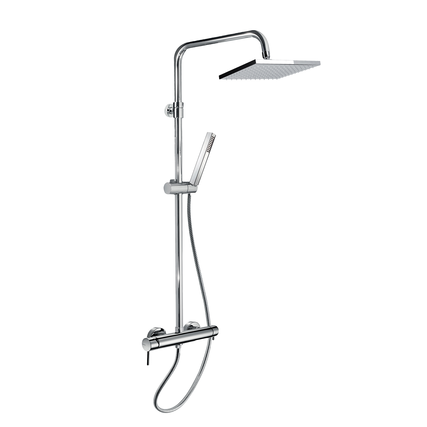 SINGLE-LEVER SHOWER MIXER WITH INTEGRATED SHOWER COLUMN, DIVERTER, 1.5M FLEXIBLE HOSE, ABS HAND SHOWER AND BRASS SHOWER HEAD, 200X200MM.