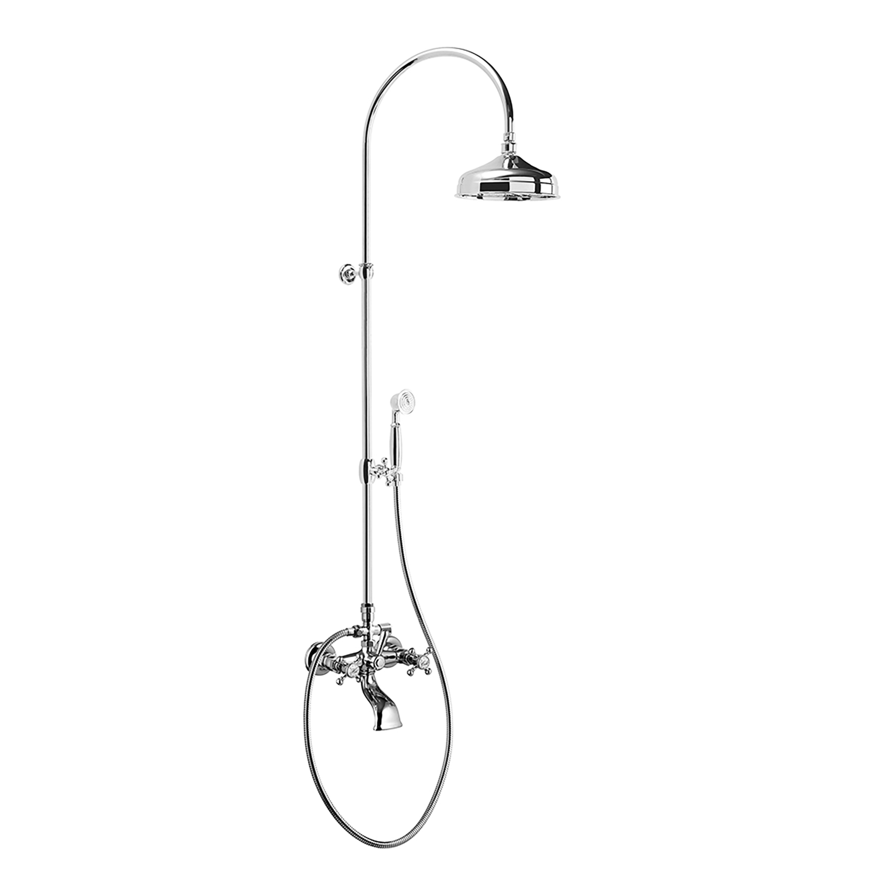 BATH GROUP WITH INTEGRATED SHOWER COLUMN, RETRO BRASS SHOWER HEAD, Ø200mm, DIVERTER, 1.5M FLEXIBLE HOSE AND BRASS HAND SHOWER.