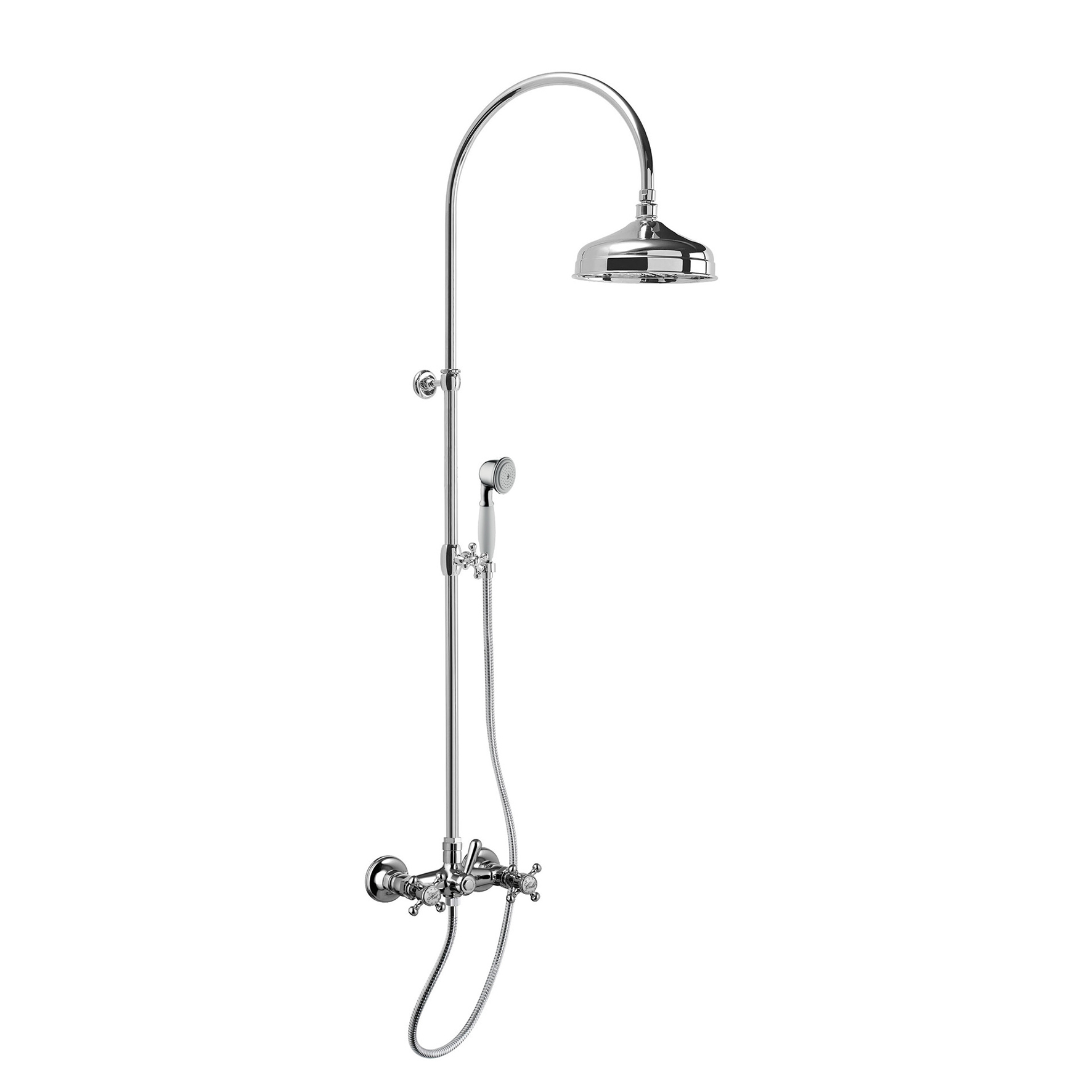 SHOWER GROUP WITH INTEGRATED SHOWER COLUMN, RETRO BRASS SHOWER HEAD, DIVERTER, 1.5M FLEXIBLE HOSE AND Ø200mm BRASS HAND SHOWER.