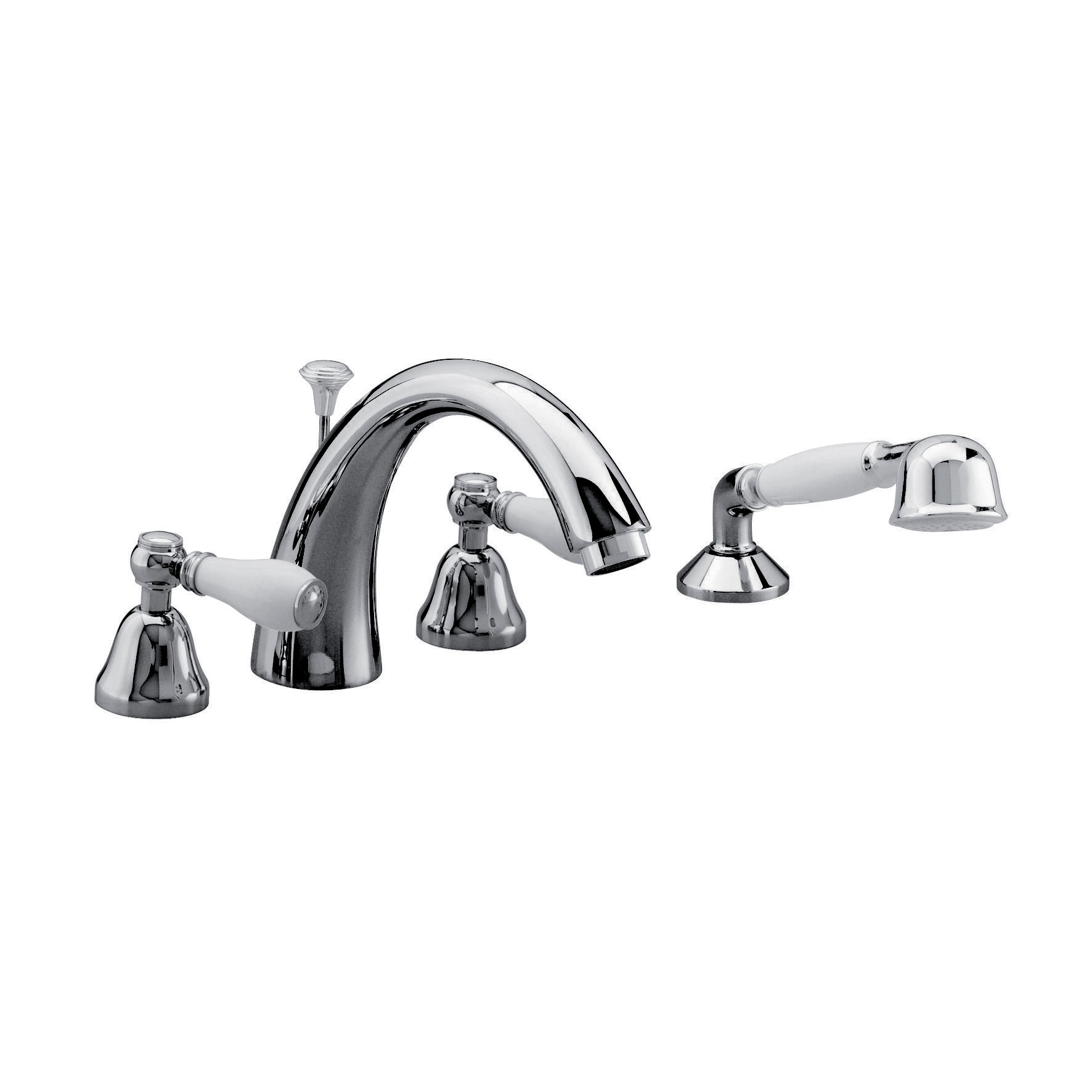CONJUNTO DE BAÑO DE 4 ORIFICIOS CON GRIFERÍA, DESVIADOR, CAÑO, MANGUERA DE 1,5M Y MANO DE DUCHA.