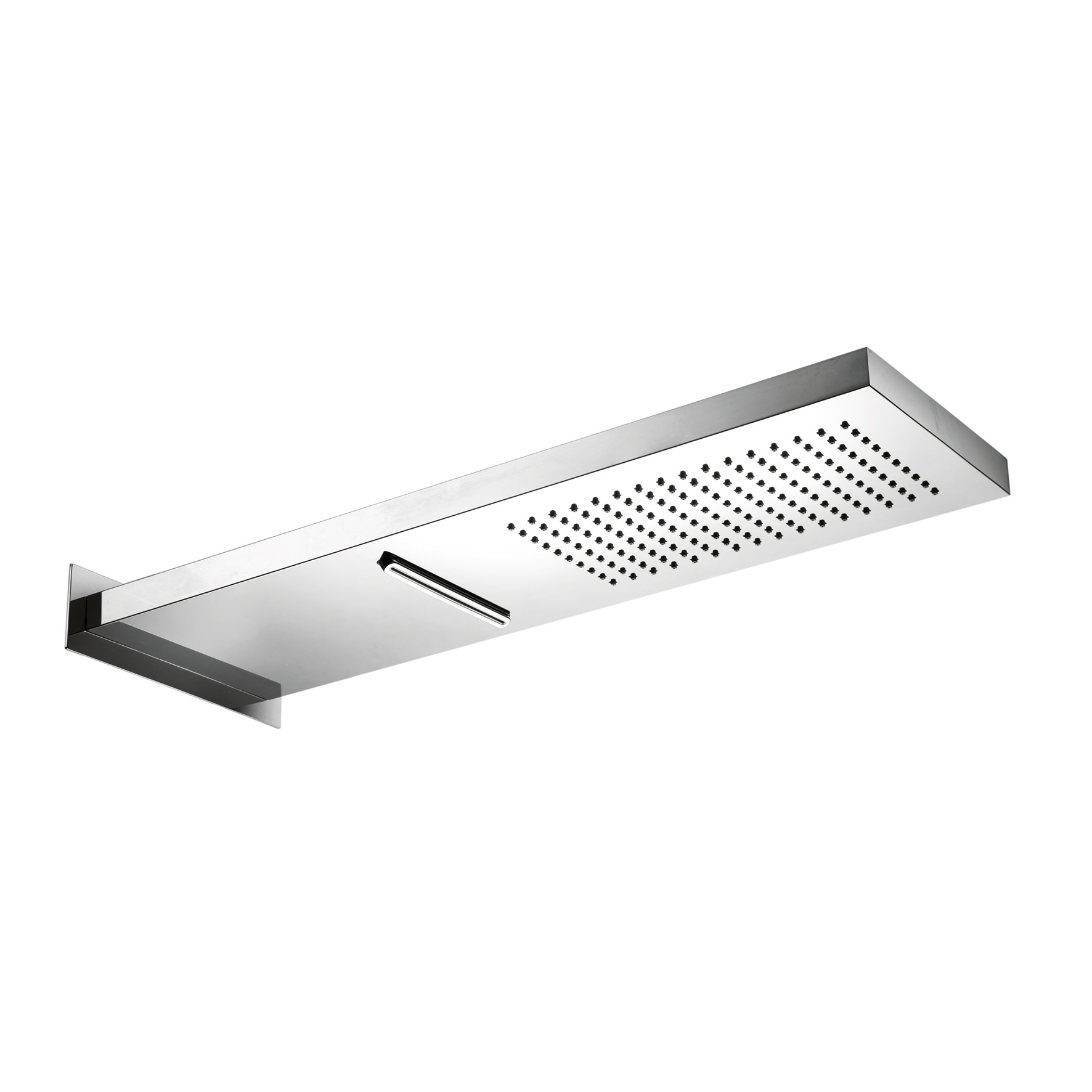 ROCA DE DUCHA RECTANGULAR DE ACERO INOXIDABLE, 537X165MM, 2 SALIDAS, DE PARED.